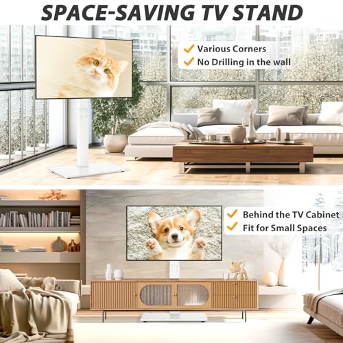 TAVR Swivel Floor TV Stand Base for 32-75 Inch TVs up to 110 lbs | Tall TV Stand for Bedroom with Height Adjustment and Tempered Glass Base for Media Storage and Space Saving, White