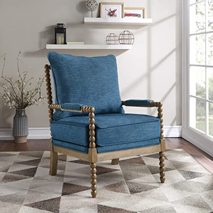 Fletcher Spindle Accent Chair with Rustic Brown Finish, Navy Blue Upholstery