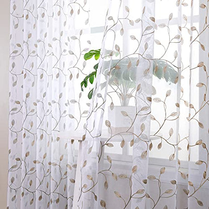 Tollpiz Leaves Sheer Curtain Taupe Leaf Embroidery Bedroom Curtains Rod Pocket Voile Faux Linen Embroidered Leaves Curtain for Living Room, 54 x 84 inches Long, Set of 2 Panels