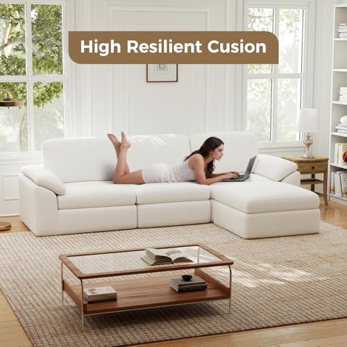 118" Sectional Boneless Couch for Living Room, Modern L Shaped Sofa with Ottoman, Comfy Cloud Modular Sectional Sofa with Deep Seat, No Assembly Required, White