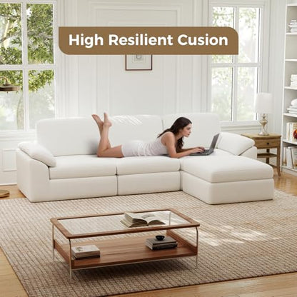 118" Sectional Boneless Couch for Living Room, Modern L Shaped Sofa with Ottoman, Comfy Cloud Modular Sectional Sofa with Deep Seat, No Assembly Required, White