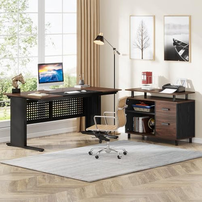 Tribesigns 63 Inch Executive Desk with File Cabinet, L Shaped Office Desk, view 4