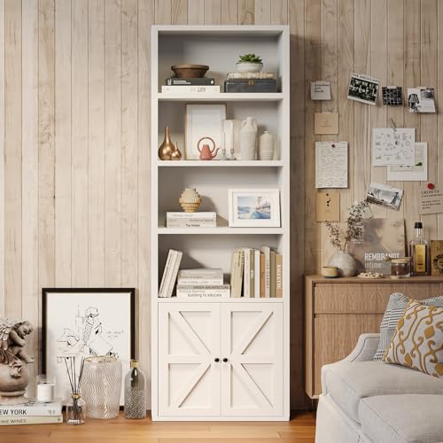 6 Tier 71" Tall Wooden Bookshelf&Bookcase with Doors, Storage Shelves Organizer, Floor Standing Modern Display Cabinet Shelves, Home Decor Furniture for Home Office, Living Room, Bedroom, White