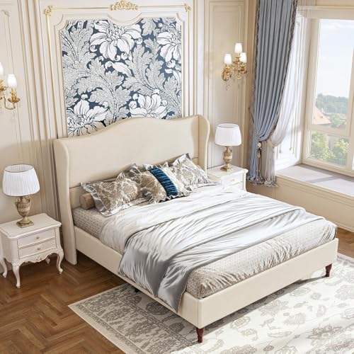 King Size Upholstered Bed Frame with 51'' Tall Headboard, Beige, view 5