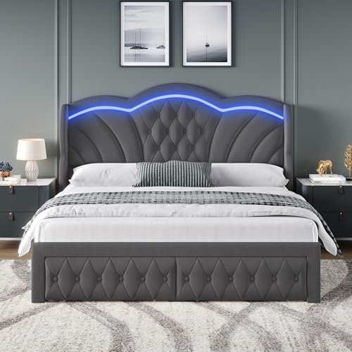 Queen Bed Frame with LED Lights and 2 Storage Drawers, Velvet Upholstered Platform with 47" Tall Arc-Shaped Wingback Headboard and Button Tufted Design, No Box Spring Needed, Noise-Free, Gray
