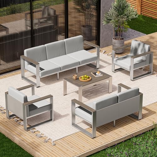 Aluminum Outdoor Patio Furniture Set, 7 Seats Outdoor Patio Conversation Sets with Ergonomic Seat and Wide Washable Thick Cushions, Modern Patio Sectional Furniture for Balcony, Porch (Gray)