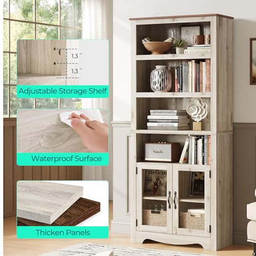 Bookshelf with Doors, 6 Shelf Bookcase Tall Bookshelves, view 5