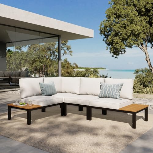 4 Pieces Outdoor Sectional with Cushion, Metal L-Shaped Outdoor Patio Furniture Set with Side Table, Modular Patio Conversation Set, Modern Backyard Furniture for Deck,Garden