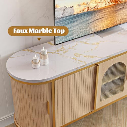 70" Fluted TV Stand for TVs up to 80", Mid Century Modern Entertainment Center with Sliding Doors & Glass Door, TV Console Table with Faux Marble Top for Living Room, Oak