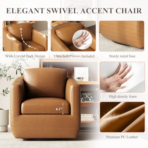 360° Swivel Accent Chair Set of 2 with Pillow - Comfy Living Room Armchair No-Sag Foam & Sturdy Metal Base, Fully Assembled Swivel Accent Single Sofa for Bedroom Living Room, Office, Brown
