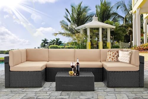 7 Piece Outdoor Patio Furniture Set, PE Rattan Patio Wicker Sectional Furniture Chair Set with Cushions and Tea Table, (Black Rattan&Beige Cushion with Cover)