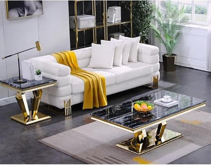 Black and Gold End Table for Living Room, Modern Square Side Table with Polished Stainless Steel Geometric Diamond Base