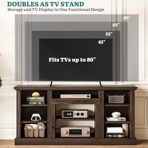 Farmhouse TV Stand with Adjustable Shelves & Open Storage, Walnut, view 5