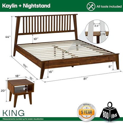 Acacia Kaylin King Solid Wood Platform Bed Frame – Gift Matching Nightstand Included, Mid Century Modern, Walnut Finish, 800 lbs Capacity, No Box Spring, Storage, Easy Assembly