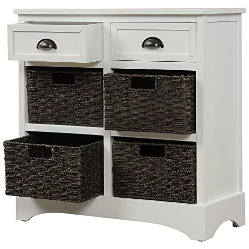 Storage Cabinet with 4 Classic Rattan Basket & 2 Drawers,for Living Room,Bedroom(28"L x 11.8"W x 28"H). (White)