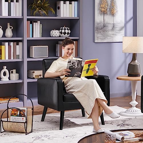 Yaheetech Mid-Century Accent Chairs, PU Leather Modern Upholstered Living Room Chair, Cozy Armchair Button Tufted Back and Wood Legs for Bedroom/Office/Cafe Black