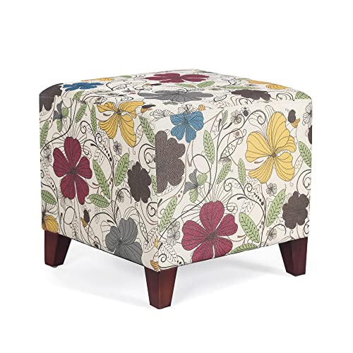 Floral Printed Linen Ottoman, 16.3" Upholstered Cube Foot Stool with Wood Legs, Small Accent Footrest for Living Room, Bedroom Vanity, and Under Desk - Burnt Orange & Blue