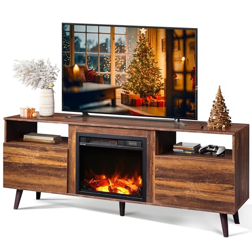Fireplace TV Stand for 55/65 Inch TV, Storage Cabinets, Brown, view 2