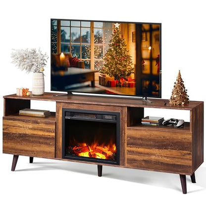 Fireplace TV Stand for 55/65 Inch TV, Storage Cabinets, Brown, view 2