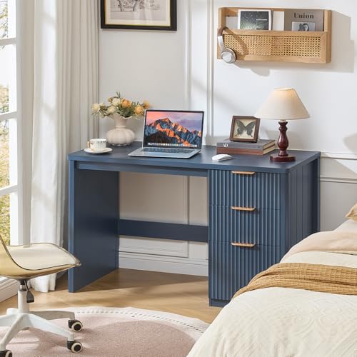 Office Desk 48" with 3 Drawers Storage File Cabinet Wood Fluted Desk for Computer Office Bedroom Home Furniture Blue