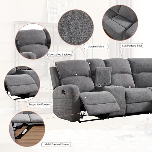 Fabric L-Shaped Reclining Sectional Sofa Couch for Living Room, Manual Recliner Oversized Sofa, with Padded Headrest, 2 Cup Holders, Storage Space, 5-Seater Home Furniture Set, Grey