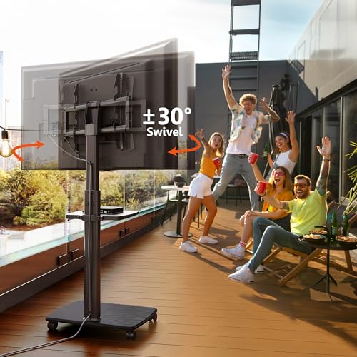 Rolling TV Stand, Mobile TV Cart on Wheels for 32-75 Inch Flat Screen, Tall Floor TV Stand with Swivel Mount for Bedroom, Outdoor, Home Office, Small Dorm, Black