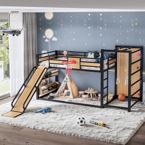 JIVOIT Twin XL Size Metal Loft Bed, Multi-Functional Design Loft Bed Frame with Basketball Hoop, Pull-Up Rings, Climbing Wall, Built-in Bookshelves, a Slide, Space-Saving Design, No Box Spring Needed