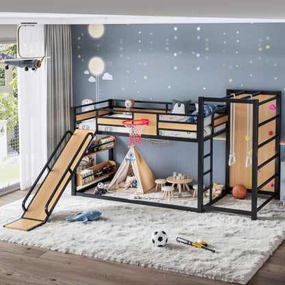 JIVOIT Twin XL Size Metal Loft Bed, Multi-Functional Design Loft Bed Frame with Basketball Hoop, Pull-Up Rings, Climbing Wall, Built-in Bookshelves, a Slide, Space-Saving Design, No Box Spring Needed