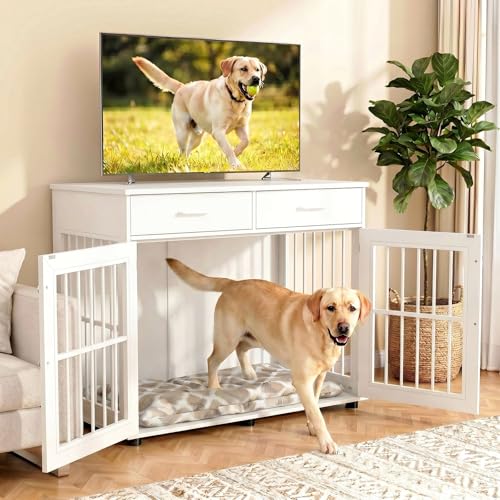 43.3" Large Dog Crate Furniture with 2 Drawers, White, view 6