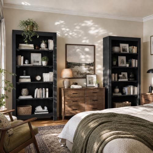 71" Solid Wood 5-Tier Tall Bookcase (2, Black), view 5