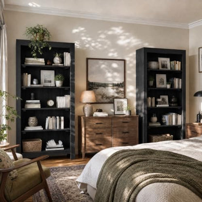 71" Solid Wood 5-Tier Tall Bookcase (2, Black), view 5