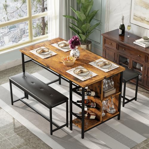 Space Saving Dining Table Set for 2-4 People, 53" Kitchen Table with 2 Upholstered Bench, Dinner Table with Wine Rack Glass Holder and Storage Shelf, 3-Piece Dinette Table for Small Apartment