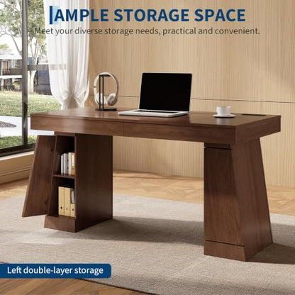 55" Executive Desk w/Power Outlets, Hidden Cabinet Home Office, Brown, view 6