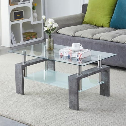 Coffee Table - Rectangle Glass Coffee Table with Simple and Classical Inspired Design, Easy Assembly for Modern Living, 39.5 * 23.5 * 17.5 inches (Grey Marble)