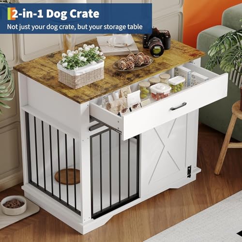 38" Dog Crate Furniture, Wooden Dog Furniture with Sliding Door and Drawer, view 5
