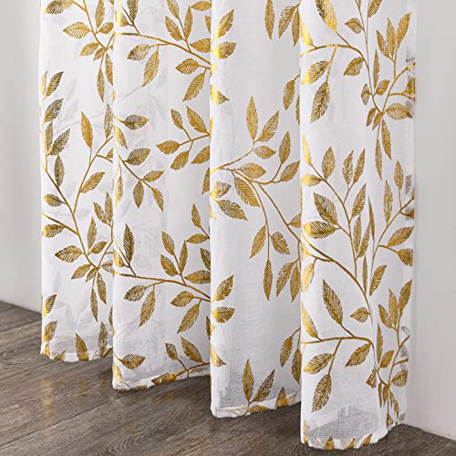 Sheer Curtains 63 Inch Length 2 Panels, Gold Foil Metallic Vine Leaves Print Window Treatments for Kitchen Living Room, Luxury Bronzing Privacy Drapes, Rod Pocket, 52" W x 63" L, White