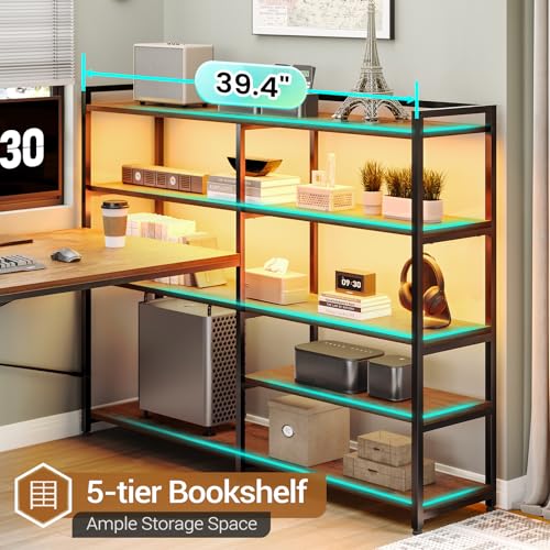 L Shaped Desk with Storage Shelves, 64.5" Reversible U Shaped Office Desk with 3 Fabric Drawers, Gaming Desk with Power Outlet & LED Strip for Home Office, Rustic Brown