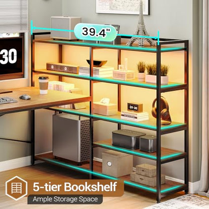 L Shaped Desk with Storage Shelves, 64.5" Reversible U Shaped Office Desk with 3 Fabric Drawers, Gaming Desk with Power Outlet & LED Strip for Home Office, Rustic Brown