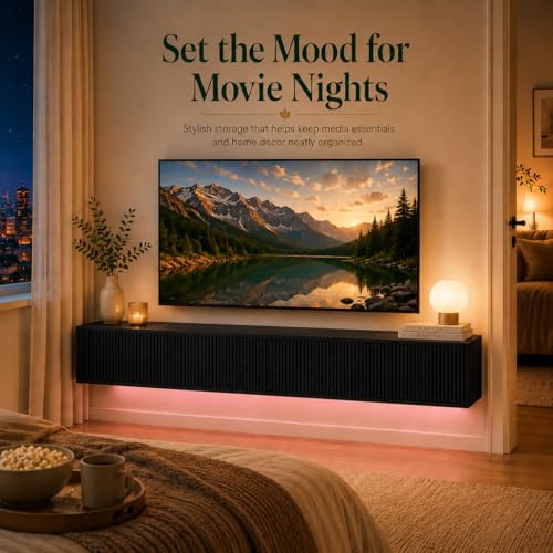 Floating TV Stand 78 Inch Wall Mounted TV Console with Storage Shelves, Modern TV Stand for Living Room Bedroom, Fits 55-90 Inch TV, Wood TV Console Black