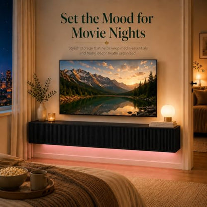 Floating TV Stand 78 Inch Wall Mounted TV Console with Storage Shelves, Modern TV Stand for Living Room Bedroom, Fits 55-90 Inch TV, Wood TV Console Black