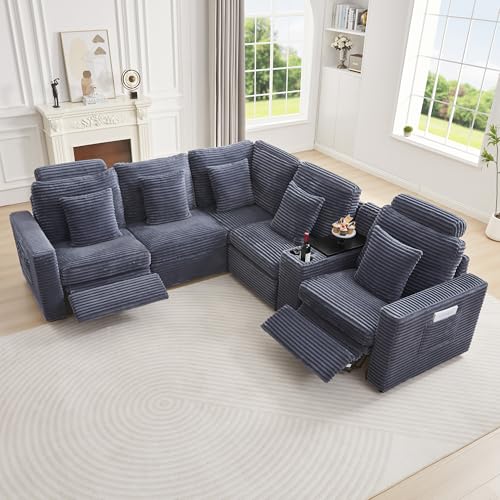 Oversized Modular Sectional Sofa with 2 Power Recliner, 5-Seater L-Shaped Corduroy Reclining Couch with Storage Console Charging Cup Holders, Fluffy Reclining Couches for Living Room,Grey