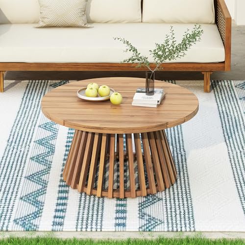 Hakee Acacia Wood Patio Coffee Table, Round Coffee Table with Unique Wooden Base, Stylish Indoor/Outdoor Table, Easy Assembly, 31.5" x 31.5" x 16", Light Teak