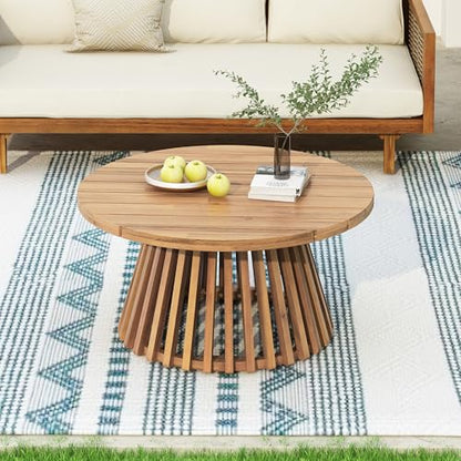Hakee Acacia Wood Patio Coffee Table, Round Coffee Table with Unique Wooden Base, Stylish Indoor/Outdoor Table, Easy Assembly, 31.5" x 31.5" x 16", Light Teak