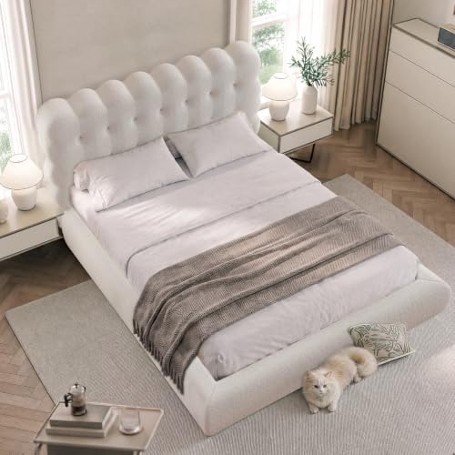 Upholstered Cloud Bed Frame Queen with Tufted Wave Headboard,Beige, view 5