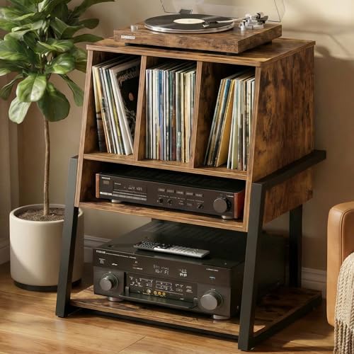Record Player Stand with Power Outlet, Rustic Brown, view 2