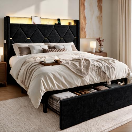 Queen Size Bed Frame with Storage Drawer & LED Lights, Black, view 2