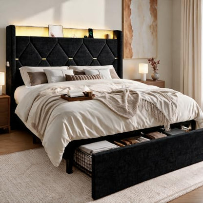 Queen Size Bed Frame with Storage Drawer & LED Lights, Black, view 2