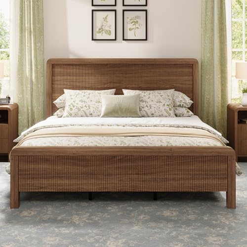 Queen Wood Bed Frame with Fluted Headboard & Footboard, Walnut, view 2