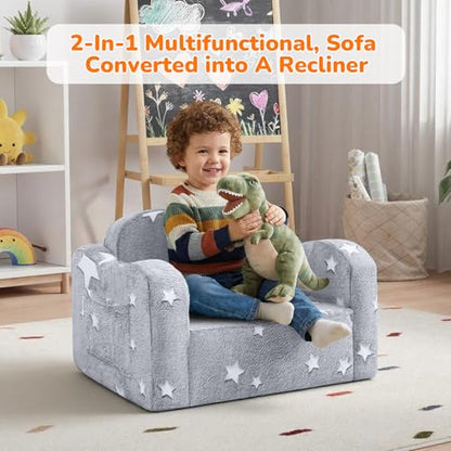 Glowing Star Kids Chair, 2-in-1 Foldable Kids Couch with Glow-in-the-Dark Star Design, Soft Foam Fold Out Lounger for Playroom and Reading, Washable Cover, Gift for Boys and Girls