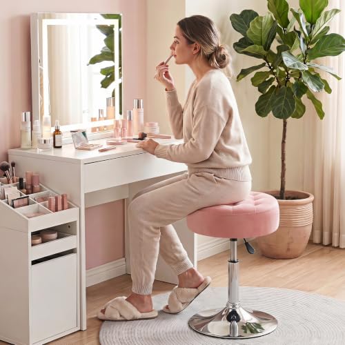 Mid-Century Velvet Tufted Makeup Ottoman Stool, 360° Swivel Adjustable Vanity Stool Modern Big Size Vanity Chair Stools for Living Room Bedroom Bathroom, Pink